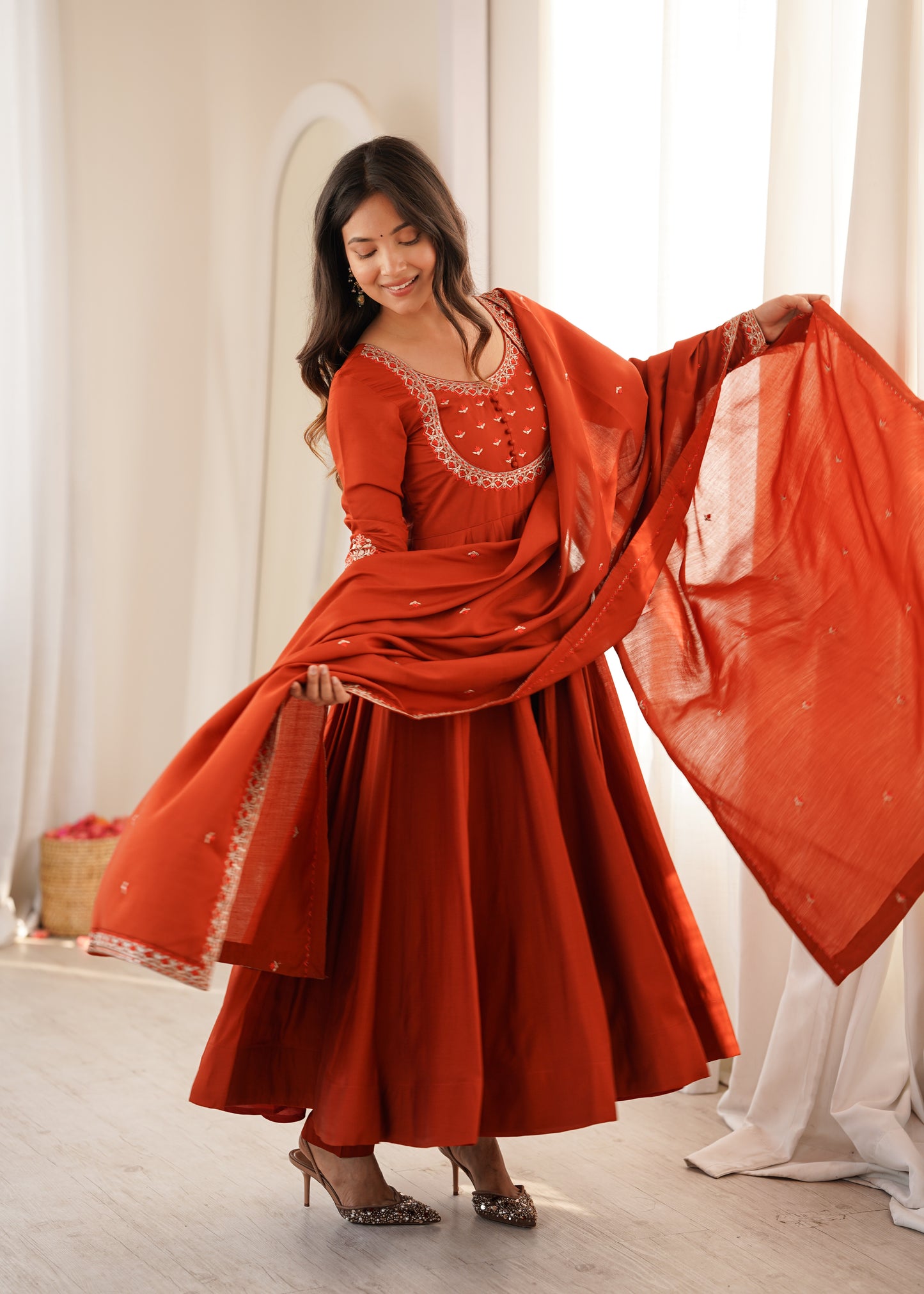 Premium Roman Chanderi Silk Anarkali Suit with Pant & Dupatta