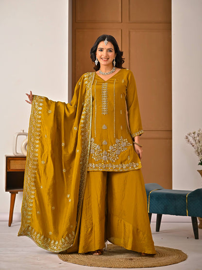 Women's Heavy NC Vichitra Embroidered Sharara Set with Dupatta