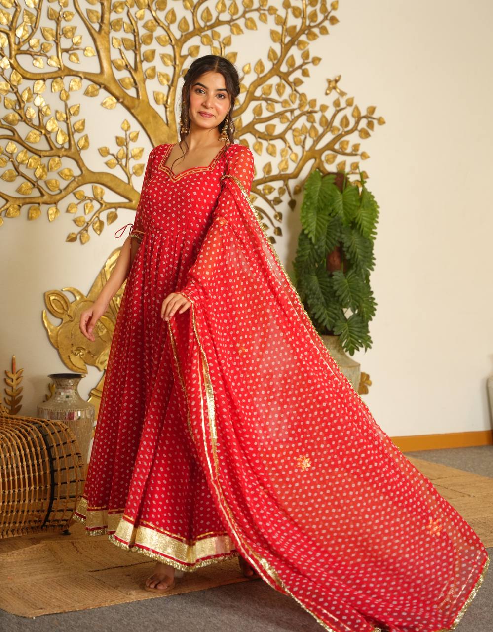 Bandhej Print Faux Georgette Gown Set with Dupatta & Bottom
