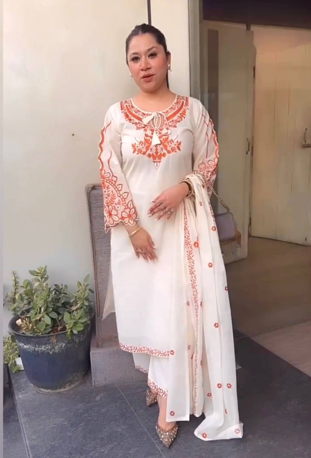 Pure Roman Silk Embroidered Plazzo Suit Set with Tassel Sleeves & Dupatta