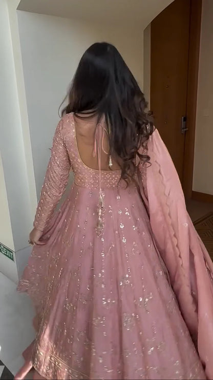 Elegant Blush Pink Hand Embroidered Crap Silk Anarkali Set
