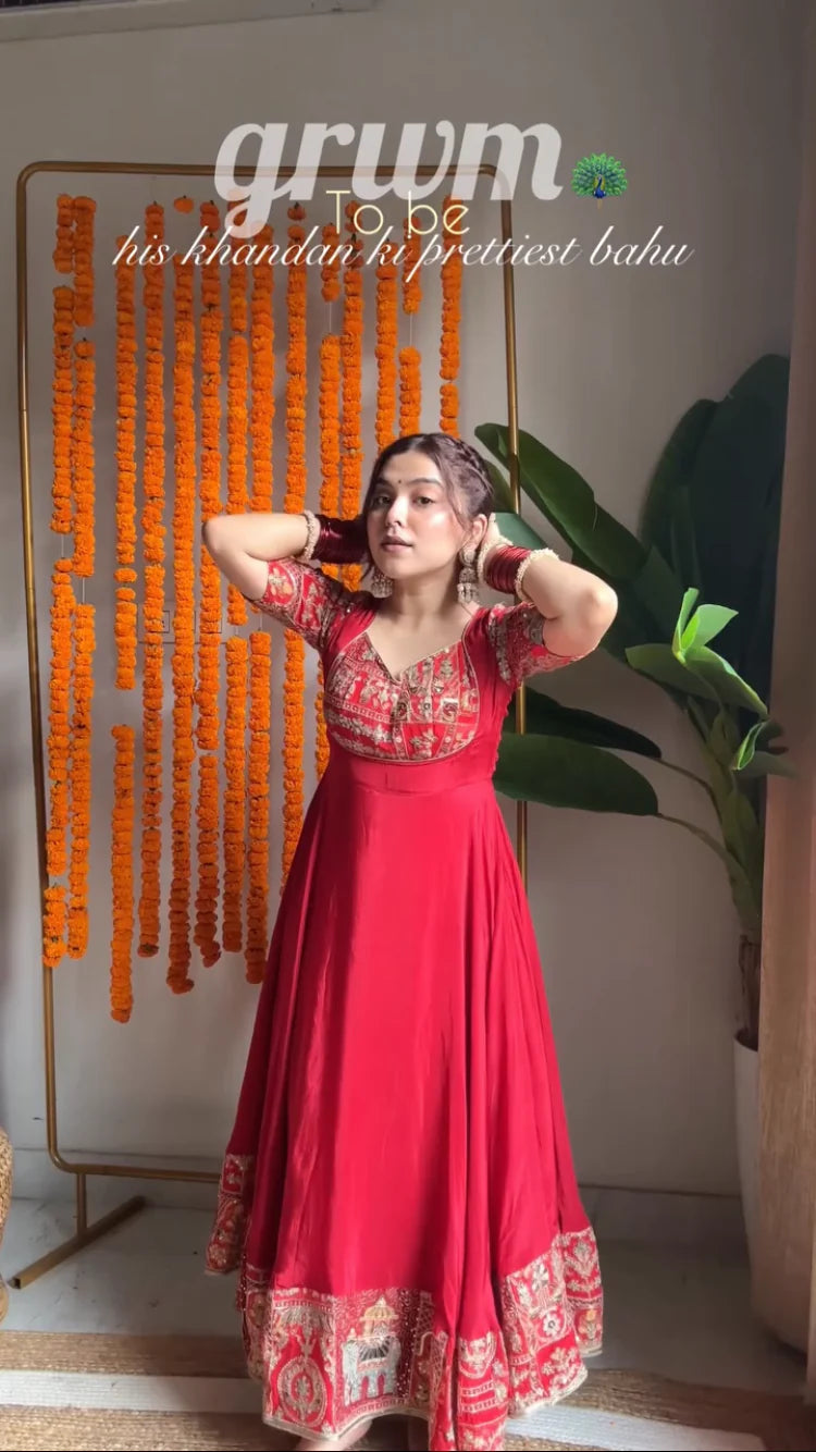 Royal Red Anarkali Set with Heavy Embroidery | Bridal & Festive Wear