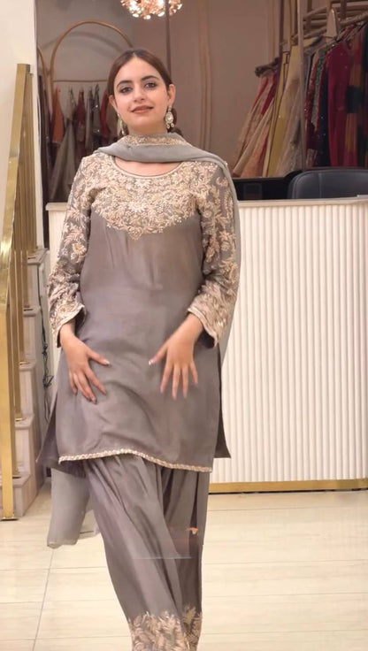 Premium Chinon Silk  Sequence Work Farshi Plazzo Suit Set with Dupatta