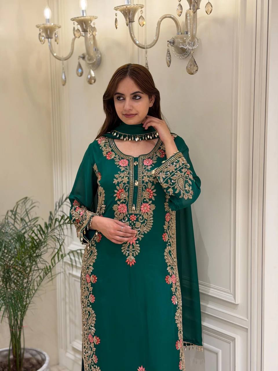Premium Faux Georgette Embroidered  Kurta Plazzo Suit with Latkan Lace Dupatta