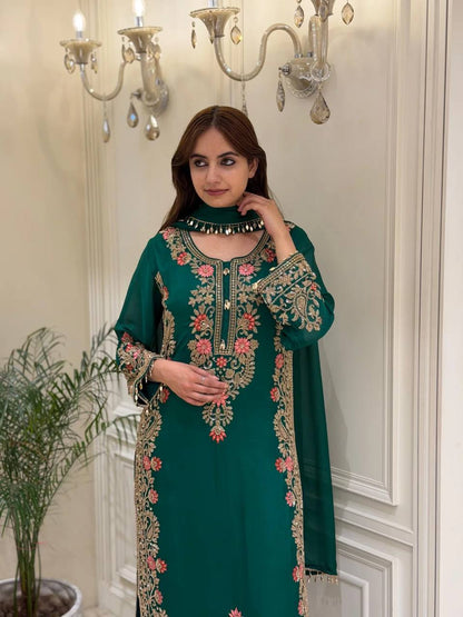 Premium Faux Georgette Embroidered  Kurta Plazzo Suit with Latkan Lace Dupatta