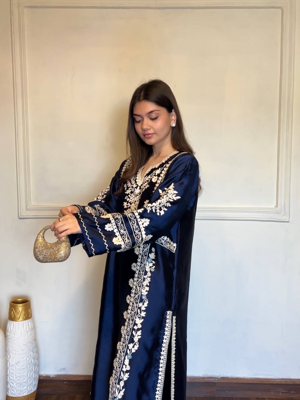 Premium Satin Rayon Embroidered Long Kaftan Set