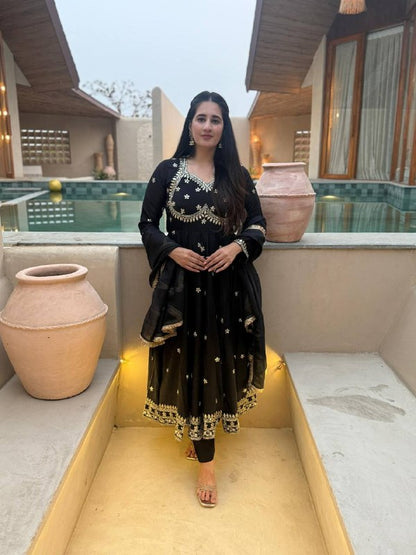 Heavy Vichitra Silk Designer Anarkali Suit with Embroidery & Organza Dupatta