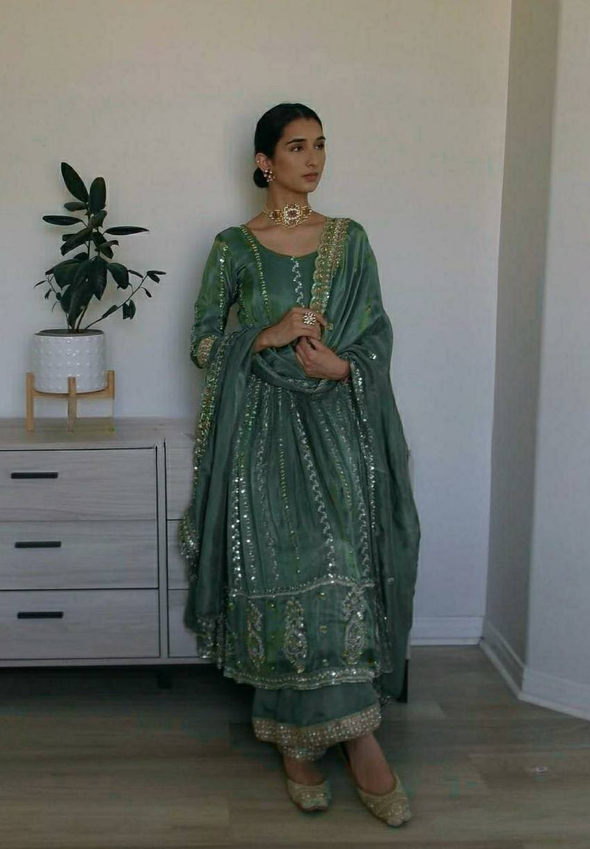 Fancy Embroidered Anarkali Suit with Pant & Dupatta Set