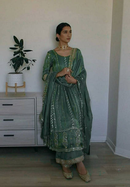 Fancy Embroidered Anarkali Suit with Pant & Dupatta Set
