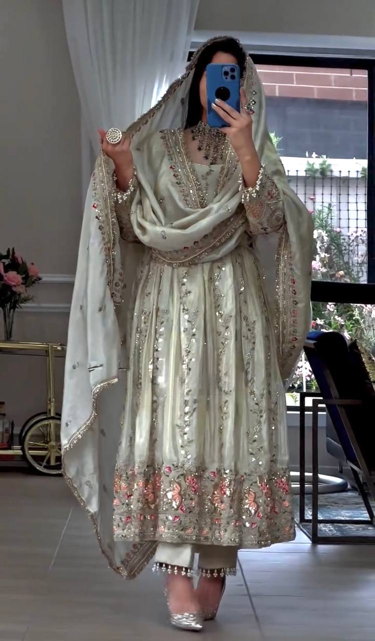 Elegant Pure Sheesha Silk Embroidered Gown Set with Dupatta & Bottom