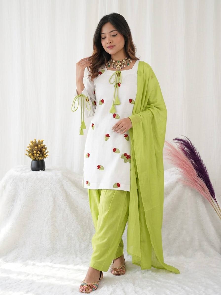 Pure Cambric Cotton Embroidered Kurta Farshi Pant Set with Chiffon Dupatta