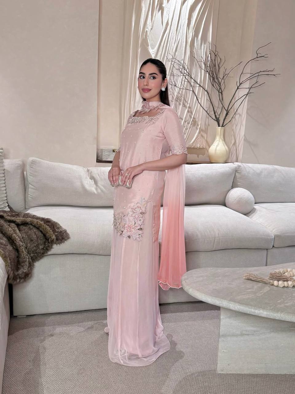 Heavy Roman Glass Silk Embroidered Sharara Suit Set with Digital Print Dupatta