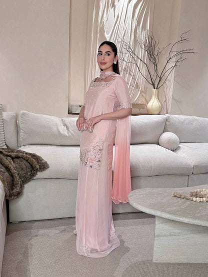 Heavy Roman Glass Silk Embroidered Sharara Suit Set with Digital Print Dupatta