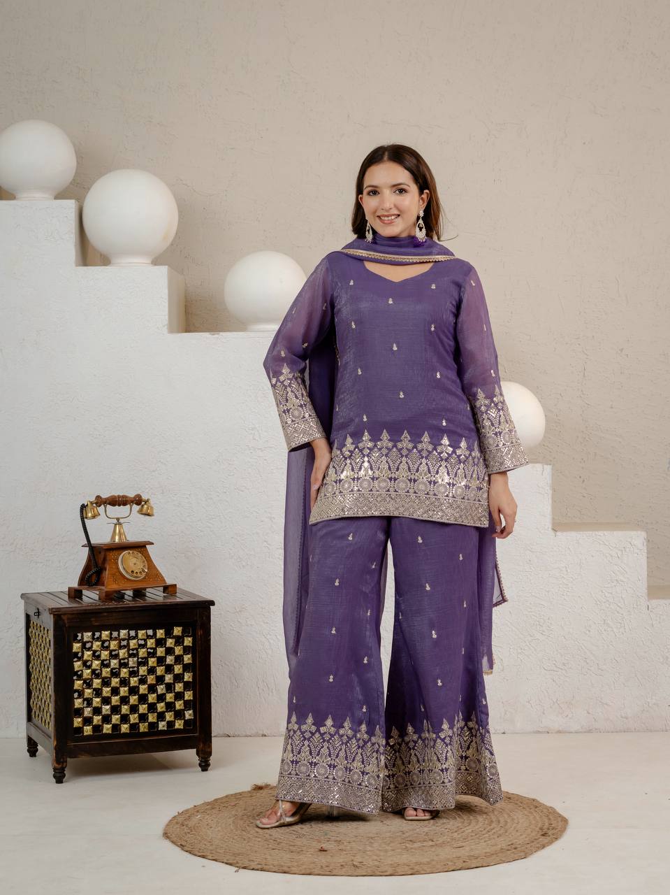 Graceful Sequin Embroidered Crunchy Silk Kurta Palazzo Set
