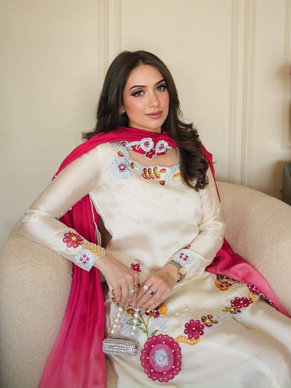 Heavy Roman Glass Silk Embroidered Sharara Suit Set with Chiffon Dupatta