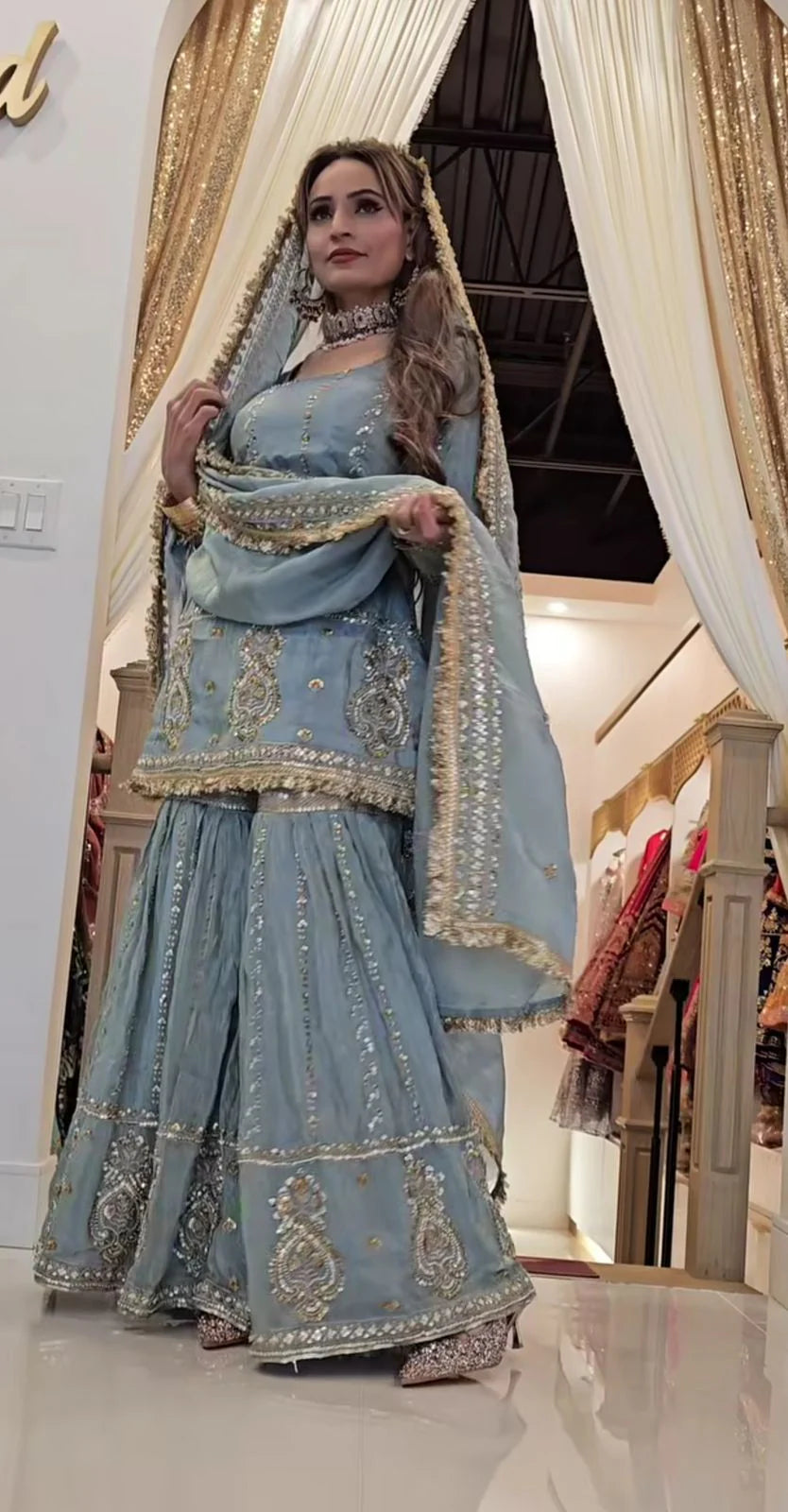 Women's Heavy Embroidered Aque Blue  Sharara Set – Premium Party & Festive Wear