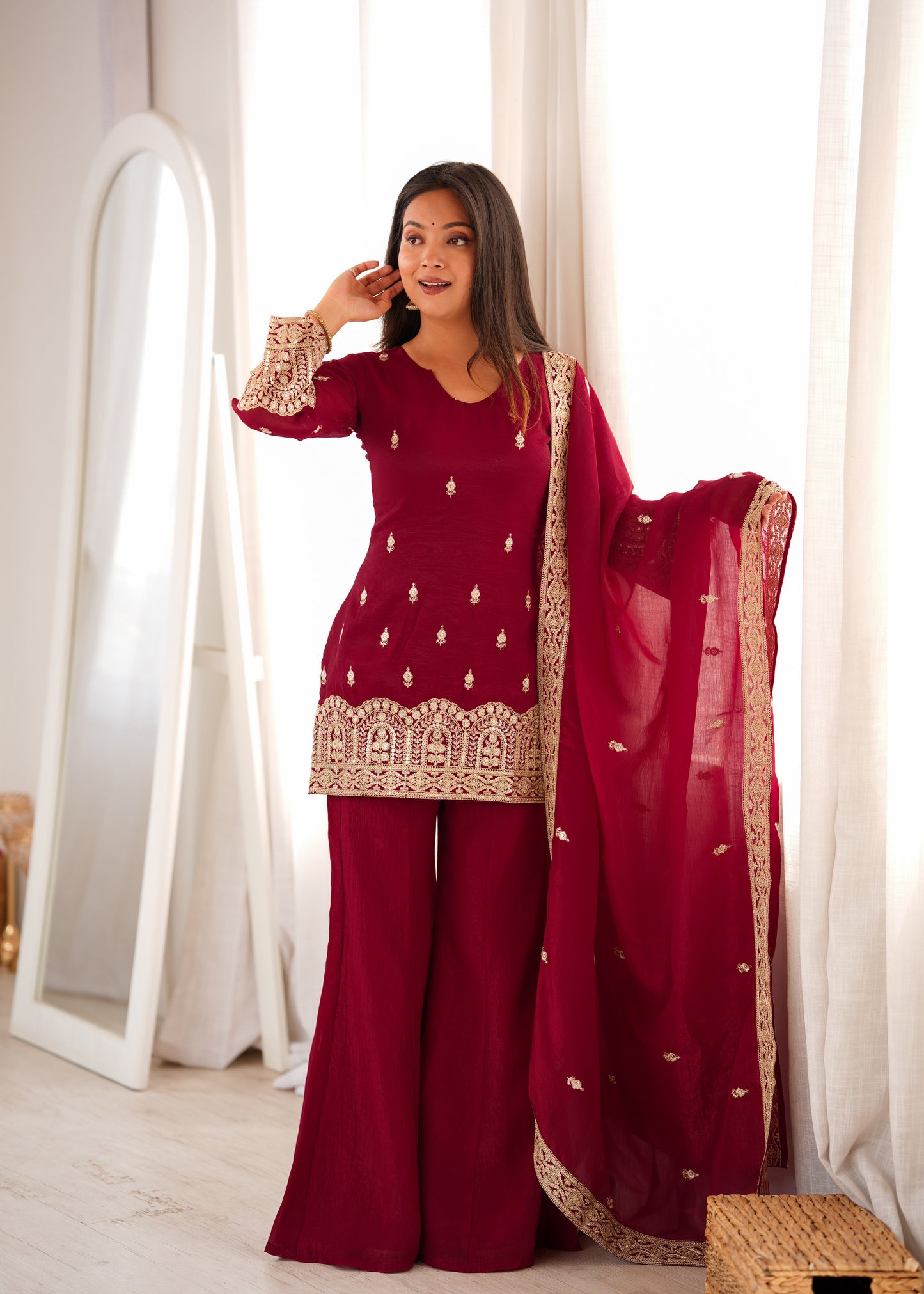 Designer Crunchy Silk Embroidered Kurta Bell Bottom Pant Set with Dupatta