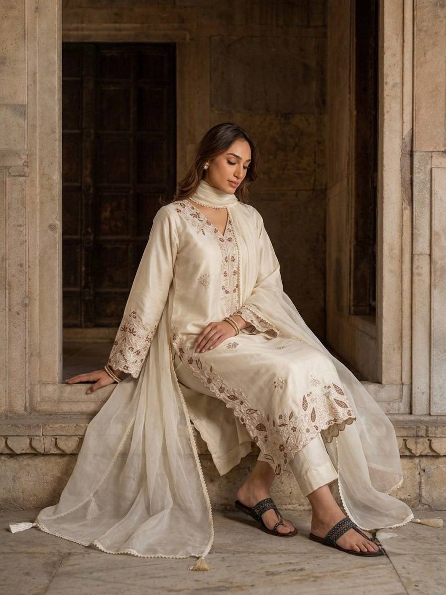 Women's Ethnic Long Kaftan Set with Sequin Embroidery