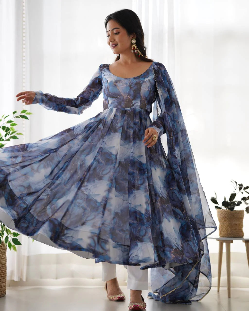 Women’s Pure Soft Organza Silk Marble Print Anarkali Suit Set with Gota Patti Dupatta