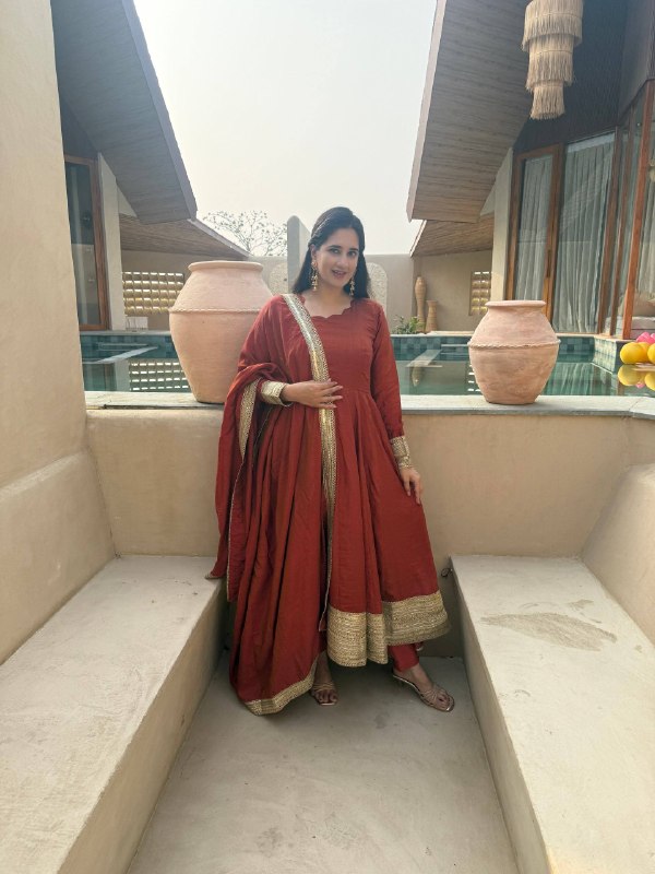 Heavy NC Vichitra Embroidered Anarkali Suit Set with Pant & Sequence Dupatta