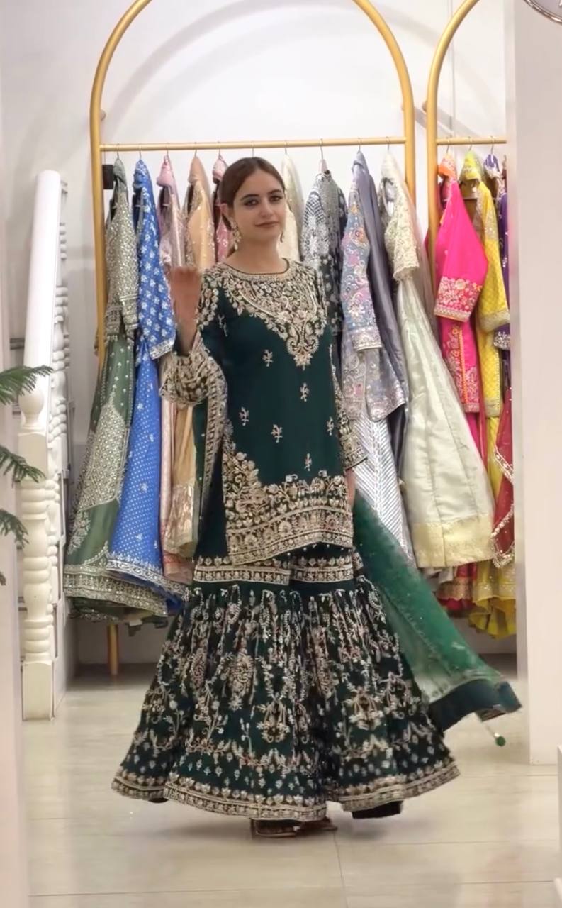 Heavy Faux Georgettec Sharara Suit Set with Meena Stone & Ceramic Moti Handwork