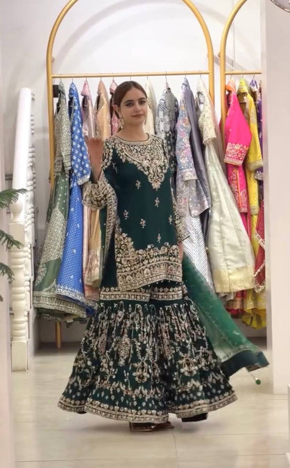Heavy Faux Georgettec Sharara Suit Set with Meena Stone & Ceramic Moti Handwork
