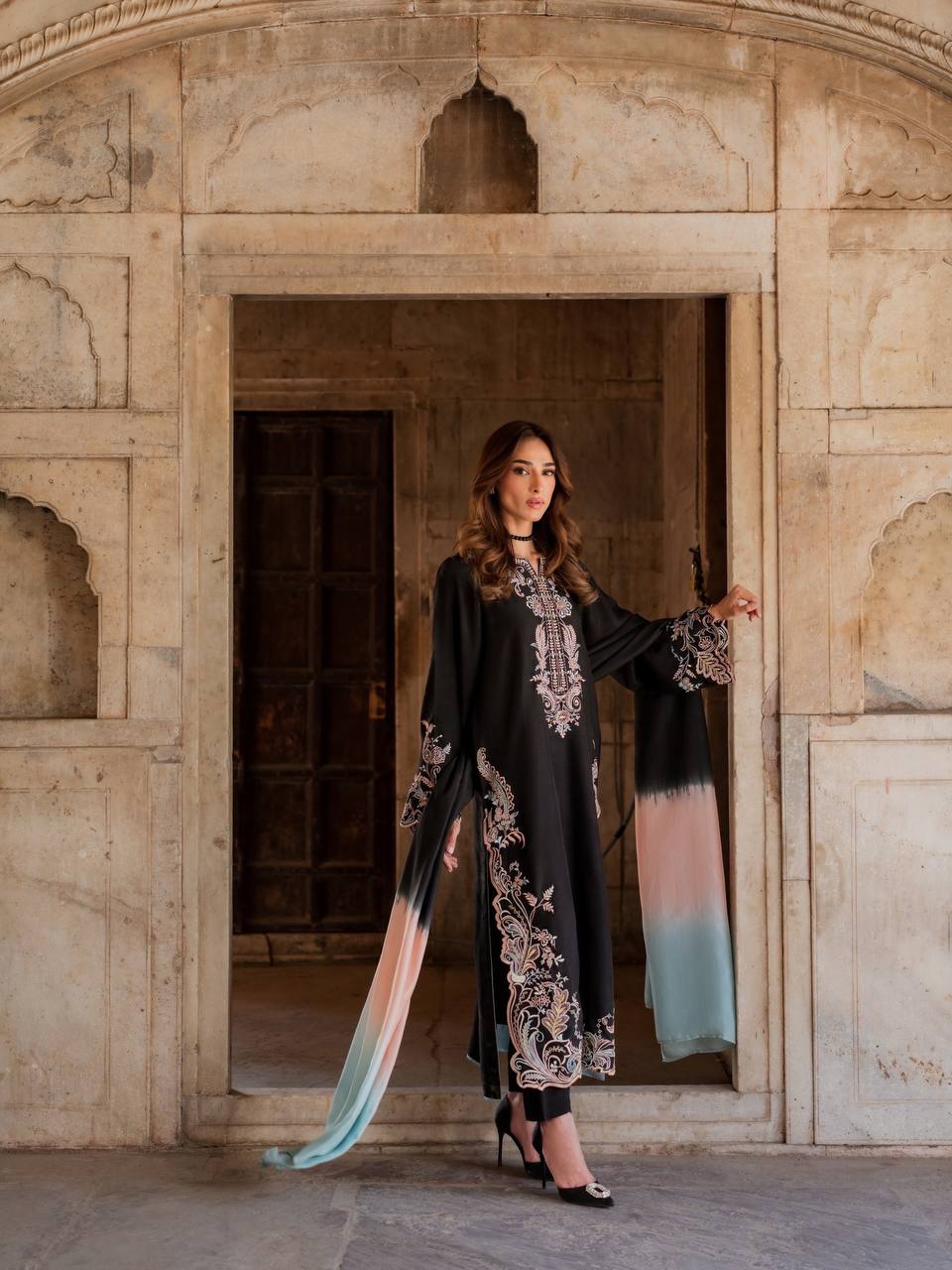 Women's Designer Embroidered Satin Rayon Kaftan Set with Pant & Shaded Chiffon Dupatta