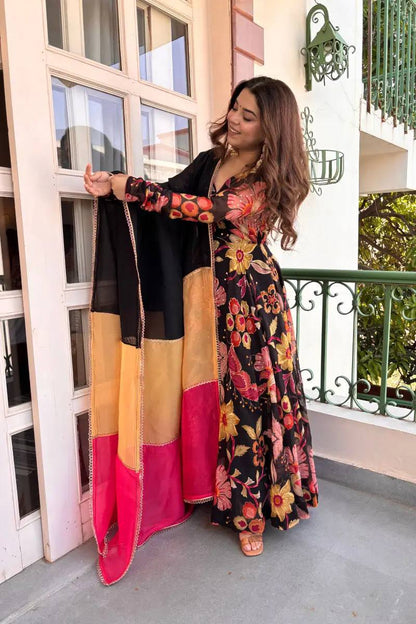 Designer Natural Silk Digital Print Anarkali Suit Set
