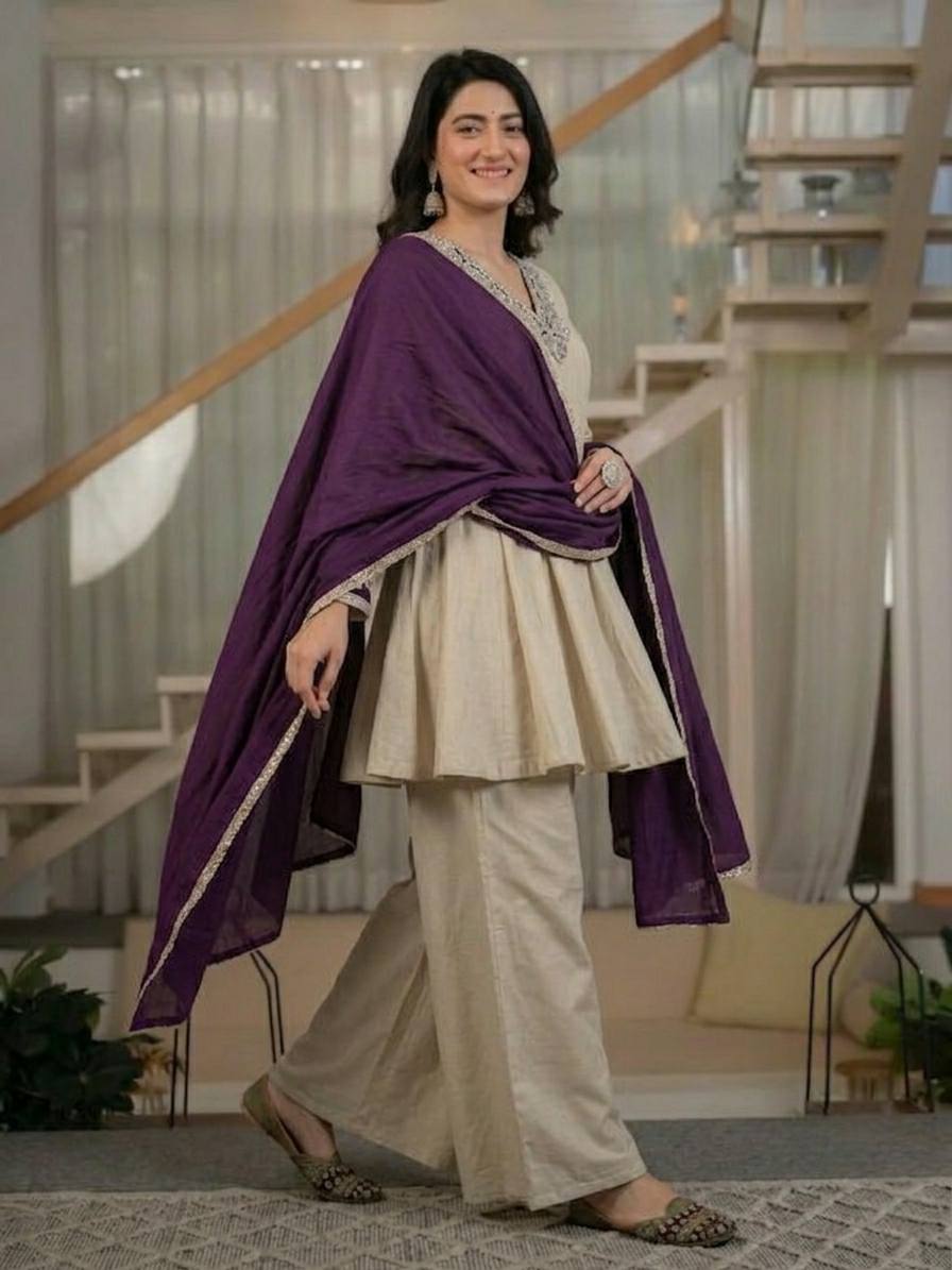 Women's Heavy Roman Silk Embroidered Sharara Suit Set with Hand Work, Chinnon Silk Dupatta