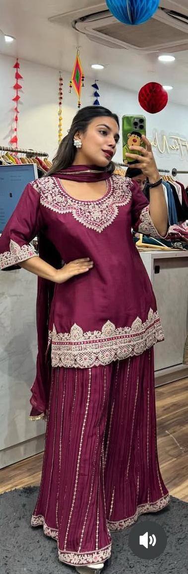 Royal Chinnon Silk Embroidered Top–Sharara–Dupatta Set
