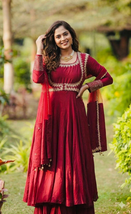 Wedding Wear Roman Silk Anarkali Suit with Palazzo & Dupatta