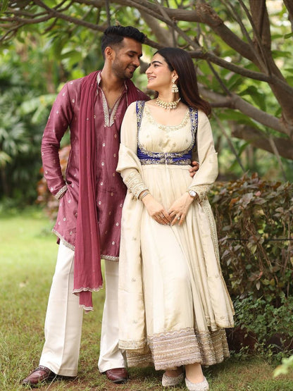 Wedding Ready Chinon Silk Kurta Set with Stylish Layered Koti