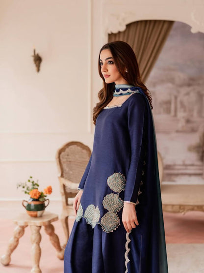 Designer Crepe Silk Kurta Set with Farshi Salwar & Chiffon Dupatta