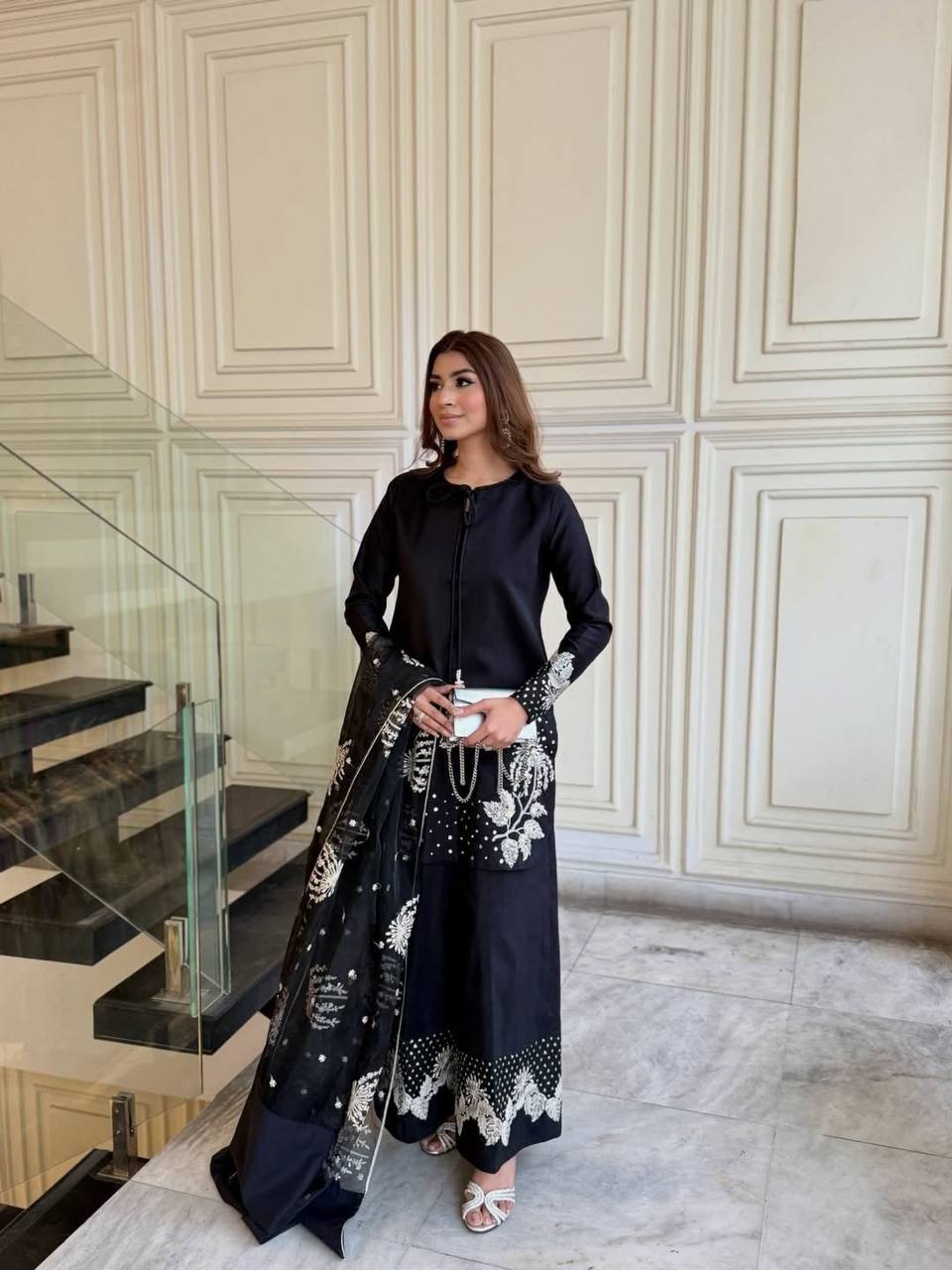 Elegant Natural Crepe Embroidered Top Palazzo Set with Organza Dupatta