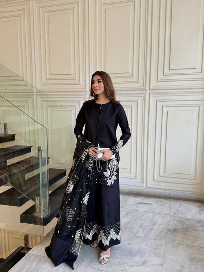 Elegant Natural Crepe Embroidered Top Palazzo Set with Organza Dupatta