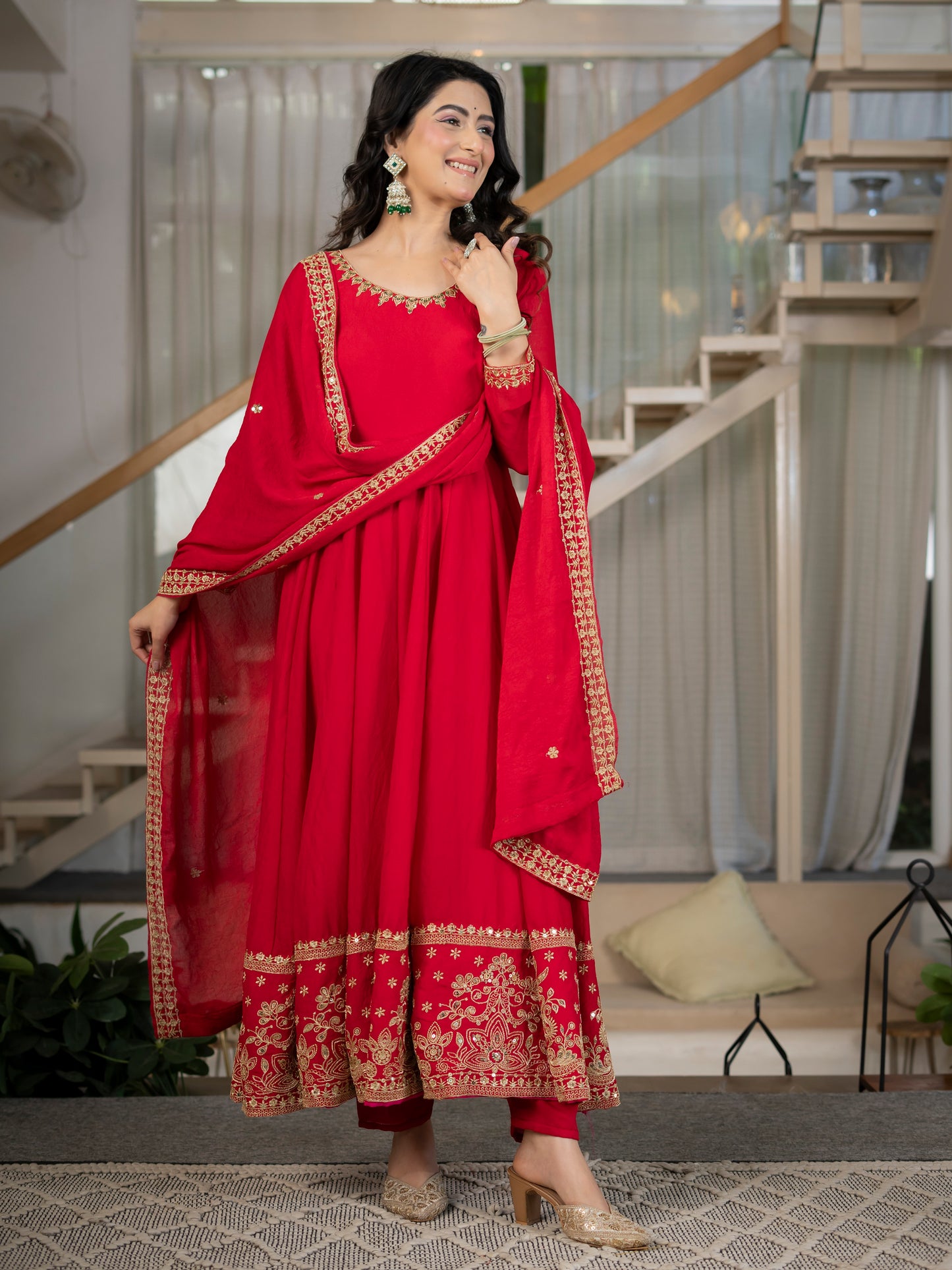 Heavy Rangoli Crush Embroidered Anarkali Suit Set with Pant & Dupatta
