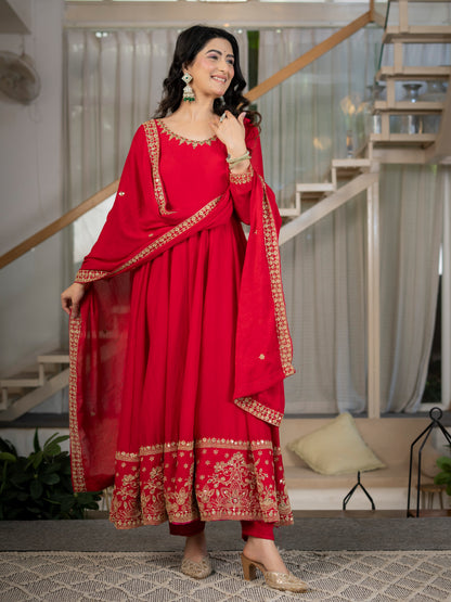Heavy Rangoli Crush Embroidered Anarkali Suit Set with Pant & Dupatta