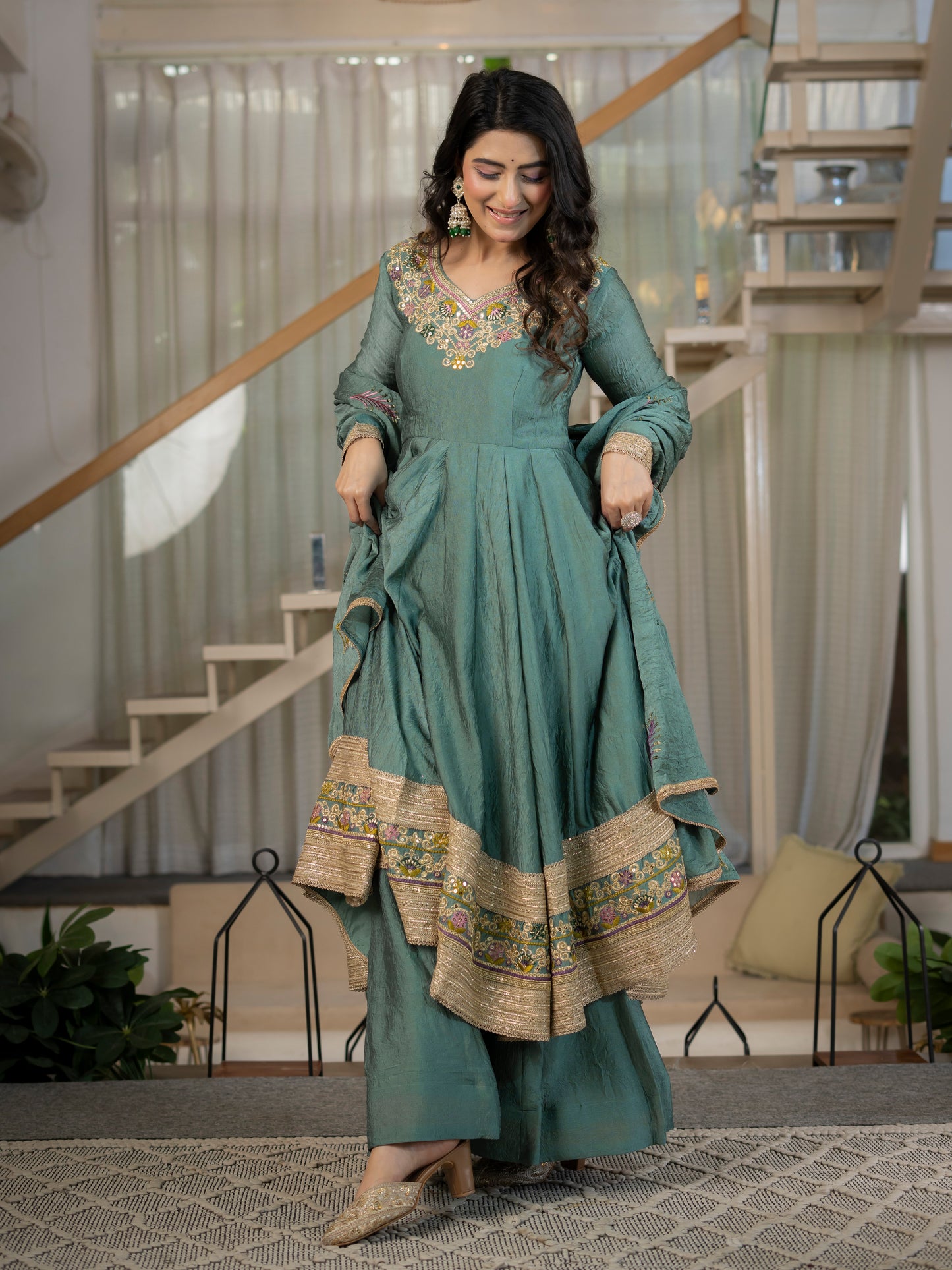 Premium Heavy Rangoli Crush Designer Anarkali Suit Set with Embroidery