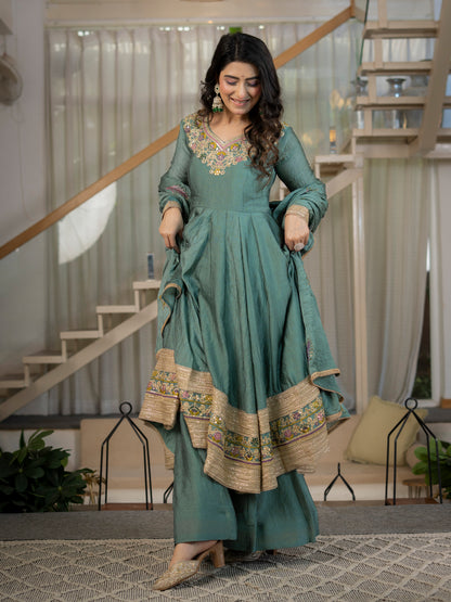 Premium Heavy Rangoli Crush Designer Anarkali Suit Set with Embroidery