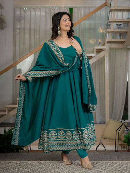 Heavy Roman Cotton Silk Embroidered Anarkali Suit Set with Pant & Dupatta