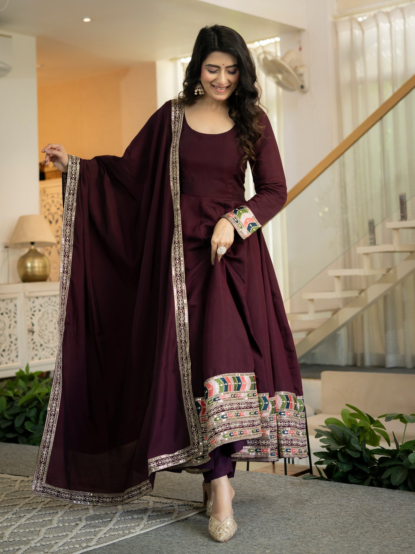 Designer Heavy Roman Silk Embroidered Anarkali Suit Set with Pant & Dupatta
