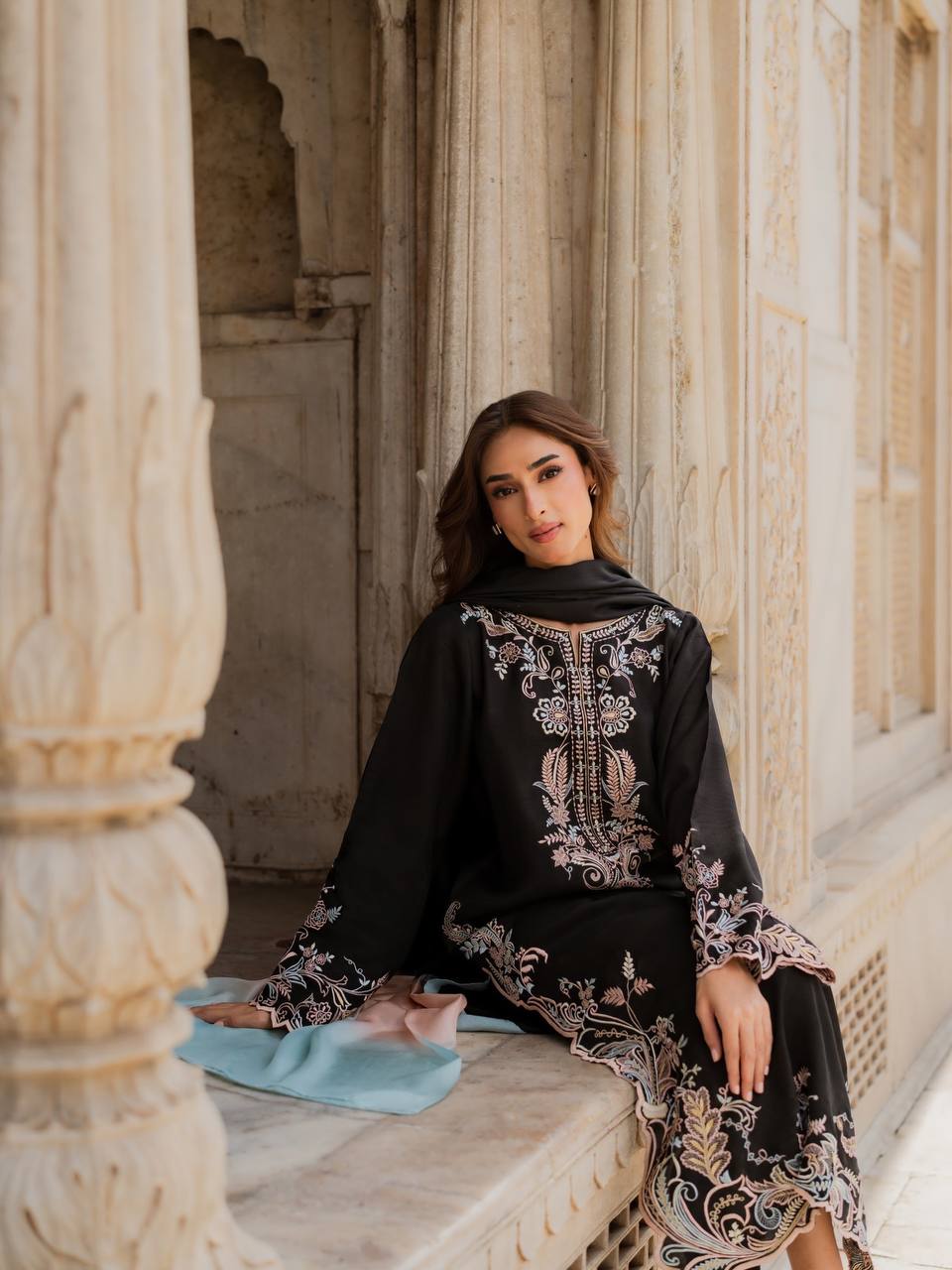 Women's Designer Embroidered Satin Rayon Kaftan Set with Pant & Shaded Chiffon Dupatta