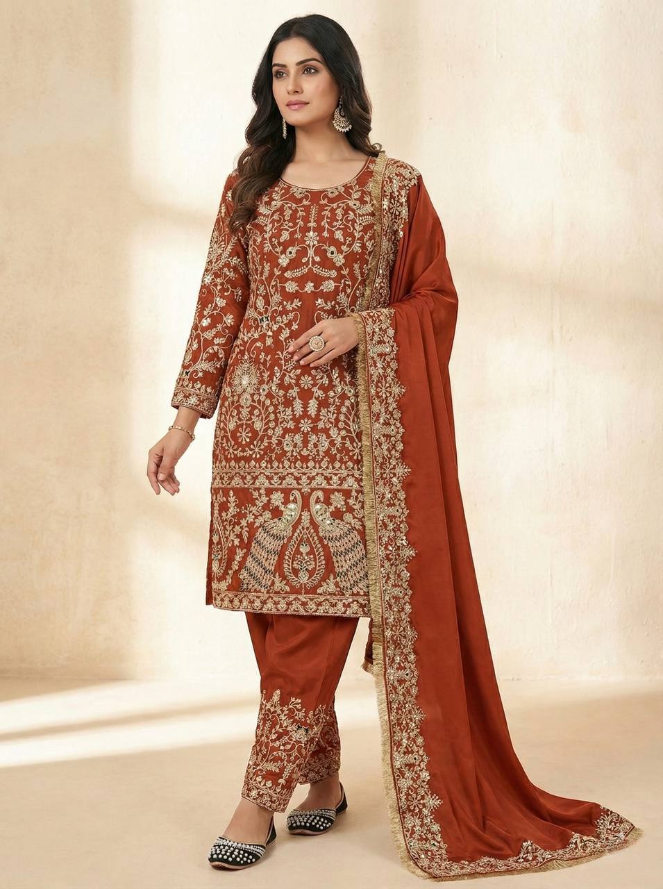 Elegant Crepe Silk Embroidered Suit Set