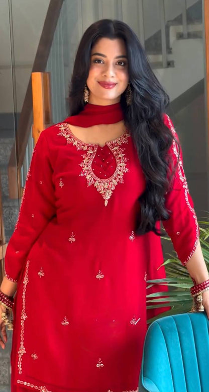 Heavy Faux Georgette 5mm Sequence Embroidered Palazzo Suit With Stone Handwork & Lace Dupatta