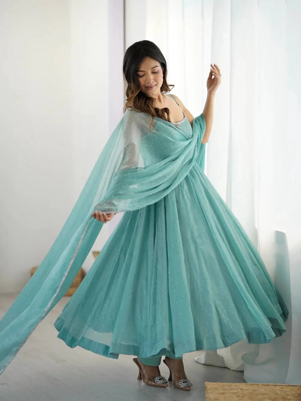 Women’s Crunchy Silk Anarkali Suit Set with Swarovski Work & Lace Border Dupatta