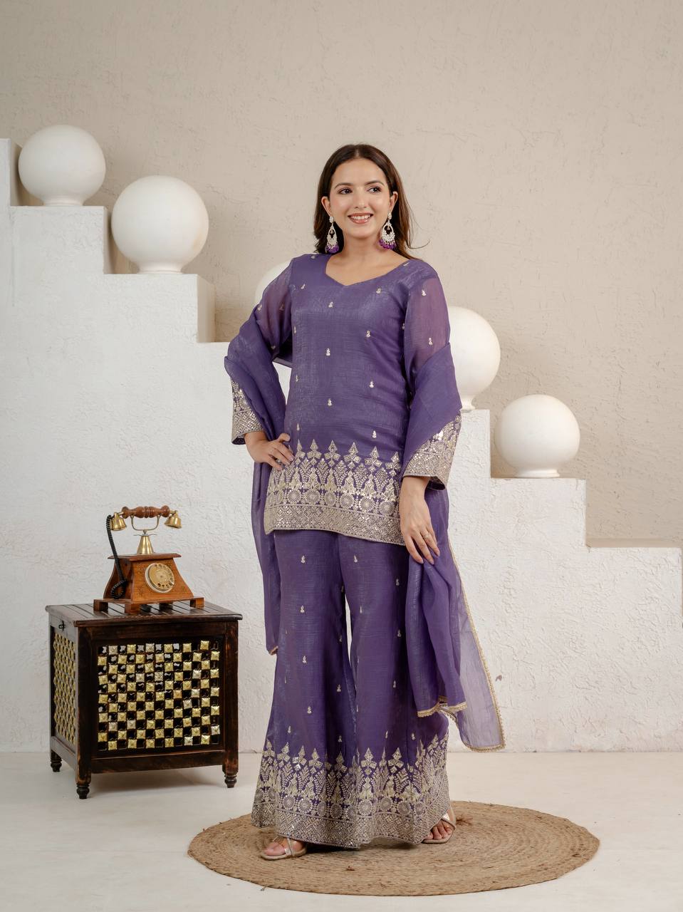 Graceful Sequin Embroidered Crunchy Silk Kurta Palazzo Set