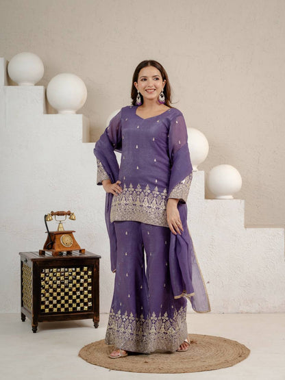 Graceful Sequin Embroidered Crunchy Silk Kurta Palazzo Set