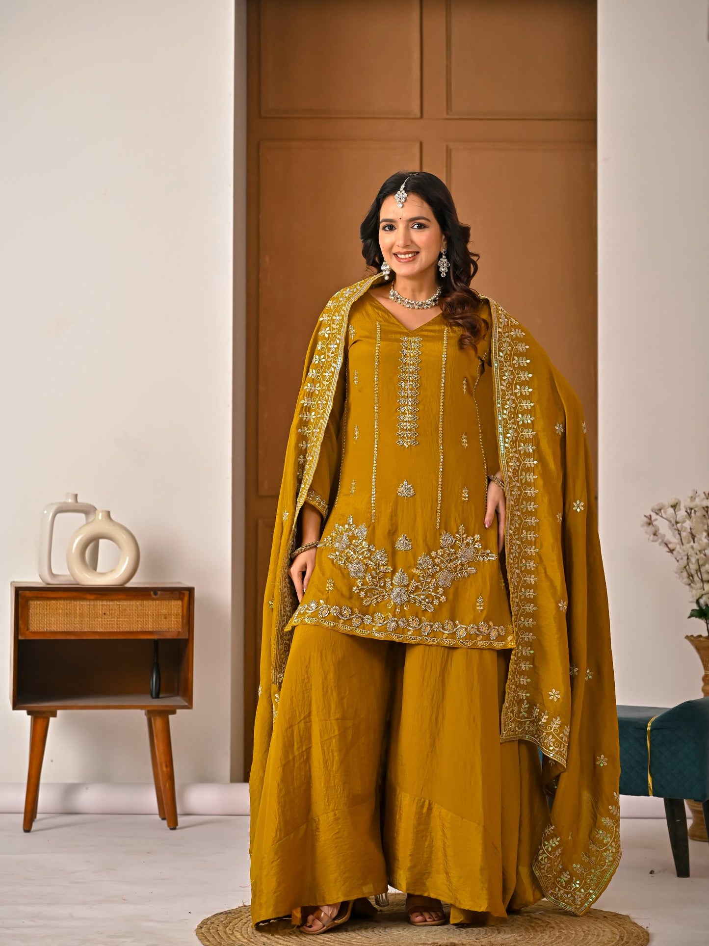 Women's Heavy NC Vichitra Embroidered Sharara Set with Dupatta