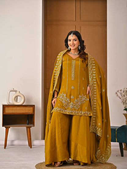 Women's Heavy NC Vichitra Embroidered Sharara Set with Dupatta