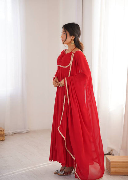 Premium Designer Fox Georgette Long Gown with Rich Flare & Lace Dupatta